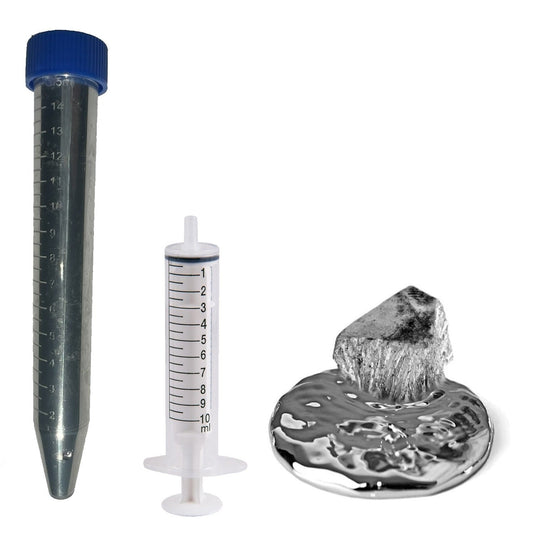 100g of 99.99% pure gallium: a sealed vial, a 10mL syringe, and a solid gallium ingot sitting in a pool of the melted metal